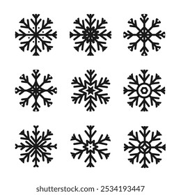 Snowflakes thin line icons set.Frozen sign.Decorative element for Christmas and New Year holiday.Transparent background.Simple black line snow icons.Vector illustration EPS 10