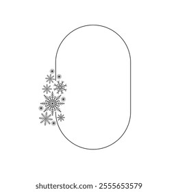 Snowflakes thin minimalist frame simple hand drawn vector outline illustration of seasonal doodle fancy Christmas decor elements, perfect for winter holiday decor, party stationery, poster, invitation