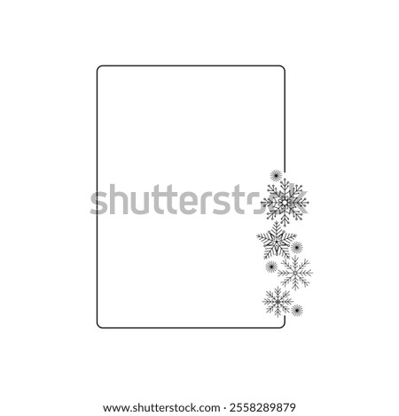 Snowflakes thin minimalist frame simple hand drawn vector outline illustration of seasonal doodle fancy Christmas decor elements, perfect for winter holiday decor, party stationery, poster, invitation