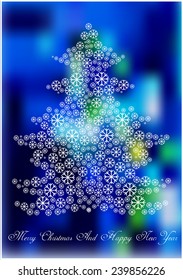 Snowflakes tree on bokeh blue background