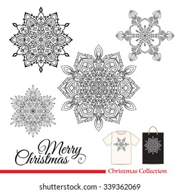 Snowflakes  . T-shirt design or plastic or paper bag design with Christmas decorative elements 