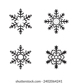 Colección de iconos de variaciones de copos de nieve. El cristal de hielo negro brilla sobre fondo blanco. Símbolo de invierno. Signo del logo de Navidad. Ilustración vectorial.