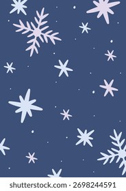 Flocos de neve de várias formas espalhadas em um fundo escuro em um estilo plano. Diferentes formas de estrelas estão uniformemente distribuídas pela tela de desenho. Ilustração de vetor de desenhos animados.