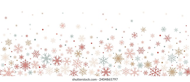 Snowflakes vector background. Winter holiday decor with multicolor crystal elements. Graphic icy frame isolated on white backdrop