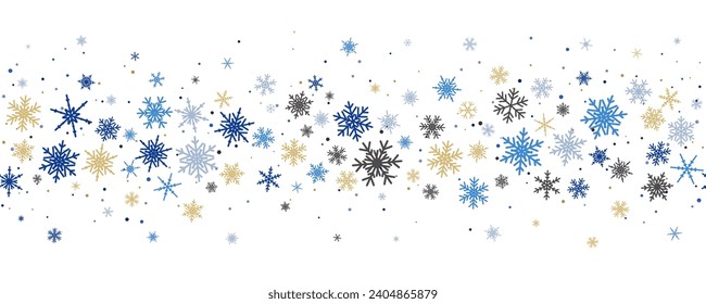 Snowflakes vector background. Winter holiday decor with colorful crystal elements. Graphic icy frame isolated on white backdrop