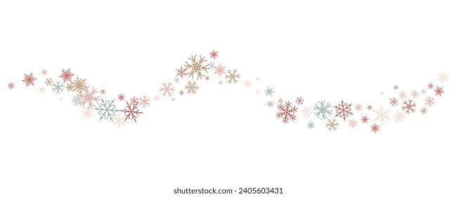 Fondo vectorial de copos de nieve. Decoración invernal con elementos de cristal multicolor. Ola gráfica de hielo aislada sobre fondo blanco