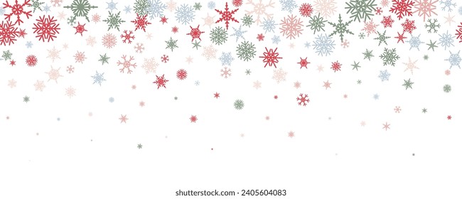 Fondo vectorial de copos de nieve. Decoración invernal con elementos de cristal multicolor. Marco gráfico de hielo aislado en fondo blanco