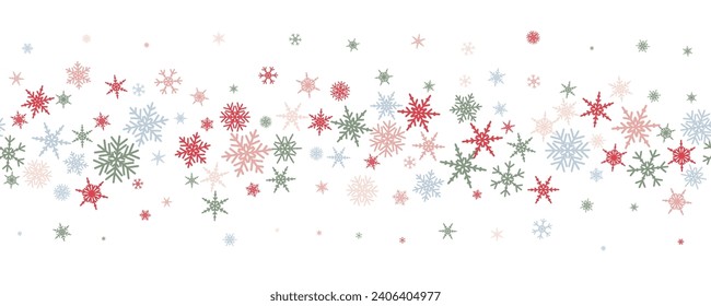Snowflakes vector background. Winter holiday decor with multicolor crystal elements. Graphic icy frame isolated on white backdrop