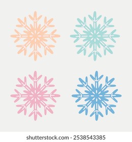 snowflakes. Vector clip art with pink, blue, turquoise and beige snowflakes on a white background in flat style in pastel colors. Cute Christmas illustration