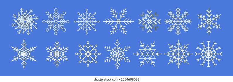 Snowflakes Vector Collection. Winter Snowflake Icons. Geometric White Snow flakes Set. Snowflakes Design on Blue Background.