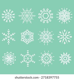 Colección de icono de Vector de copos de nieve. Adorno gráfico moderno verde y blanco