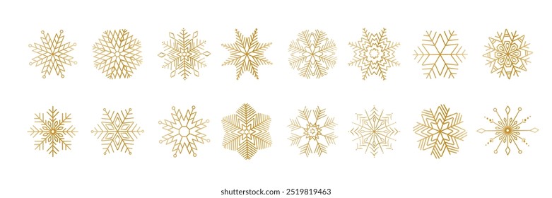  Snowflakes vector icon . Golden simple snowflakes with a stars . Christmas decoration .