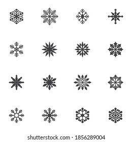 Juego de iconos vectoriales de copos de nieve, colección moderna de símbolos sólidos, paquete de pictogramas estilo relleno. Señales, ilustración del logotipo. El conjunto incluye iconos como adorno de copo de nieve de Navidad, forma de copo de nieve de invierno