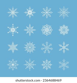 Copos de nieve - iconos vectoriales. Nieve. Plantilla de copos de nieve blancos. La forma del copo de nieve es diferente. Concepto de invierno. Ilustración del vector