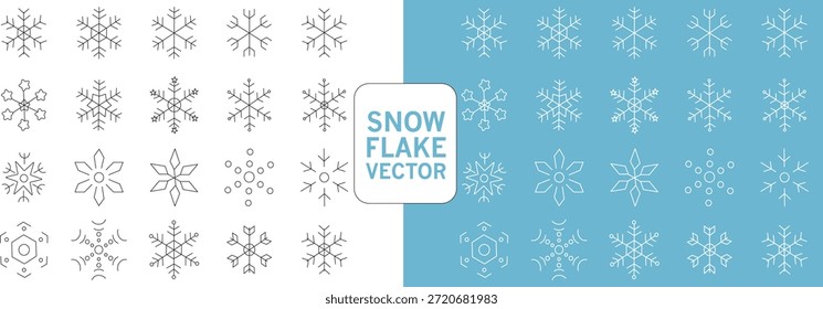 Schneeflocken, Vektorgrafik, schwarz-weiße Schneeflocken auf weißem Hintergrund und weiße Schneeflocken auf blauem Hintergrund, Wintersaison-Grafiken mit saisonaler und kalter