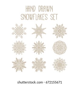 Snowflakes vector illustration set. Hand drawn snow elements in doodle style. Christmas or new year winter holidays icon collection for different design