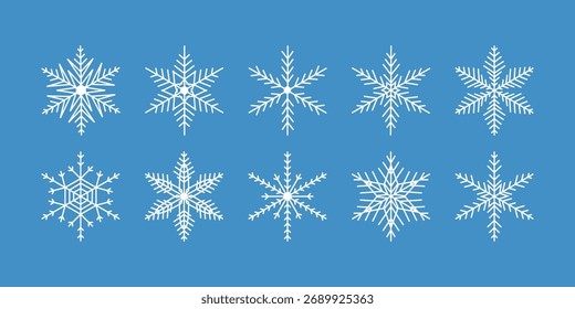 Snowflakes vector illustration set. Winter holiday collection for Christmas and New Year design. White minimal of frosty elements on a blue background.