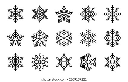 Colección de iconos de línea vectorial Snowflakes. Elementos vectoriales negros sobre fondo blanco. Lo mejor para los patrones, la decoración y el diseño sin inconvenientes.