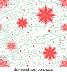 Snowflakes - vector seamless pattern for decoration. Red flowers for printing on wallpaper, packages, covers notebooks. Bright light spring floral vector. Carnival decorative ornament for festive wrap