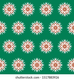 Snowflakes vector seamless pattern. Snowflakes silhouette seamless texture. Geometric background in green, white and red colors. Textiles, wrapping paper, wallpaper design. Winter. New Year. Christmas
