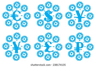 Snowflakes . Vector set of blue snowflakes with currency signs 