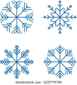 Copos de nieve, vector. Conjunto de copos de nieve azules sobre un fondo blanco.