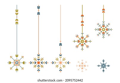 Vector de copos de nieve conjunto en estilo boho. Ilustración vectorial dibujada a mano para tarjetas de felicitación y diseño navideño.