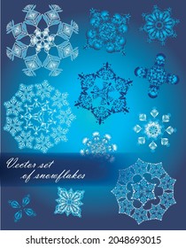Vector de copos de nieve. Conjunto de copos de nieve de Navidad de colores sobre un fondo oscuro. Decoraciones navideñas en vector. Juguetes navideños multicolores. Decoraciones y regalos de Navidad