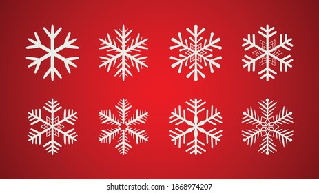 Snowflakes vector set on red background. Christmas and New Year design elements for posters, web, greeting cards