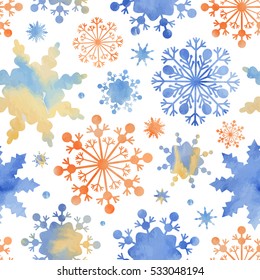 Snowflakes with a watercolor texture. Celebratory background can be used for graphic designs Christmas, invitations and greeting cards, photo frames, posters, winter holidays, and more.