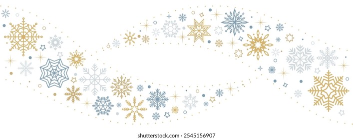 Snowflakes wavy seamless pattern flat color vector frame. Happy winter holidays and Christmas celebration illustration on white background