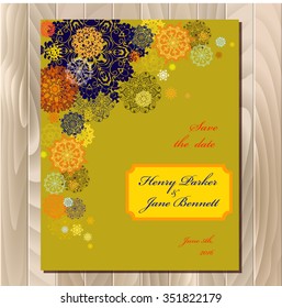 Snowflakes wedding save date card. Pistachio, khaki, gold, orange and yellow snowflakes and stars and green and pea background. Printable abstract vertical design set. Vector illustration. 