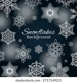 Snowflakes, white falling snow frame with copy space, border, background. Line drawing. Hand drawn vector illustration. Seasonal, winter design, blue backdrop, banner. Different shapes, ice crystals