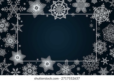 Copos de nieve, marco de nieve caída blanca con espacio de copia, borde, fondo. Dibujo de líneas. Ilustración vectorial dibujada a mano. Estacional, diseño de invierno, telón de fondo azul, Anuncio. Diferentes Formas, cristales de hielo