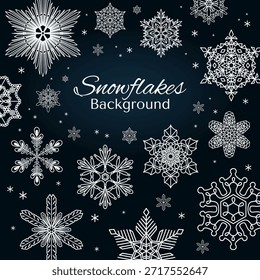 Schneeflocken, weißer Schneerahmen mit Kopienraum, Rahmen, Hintergrund. Linienzeichnung. Handgezeichnete Vektorgrafik. Saisonales, Winterdesign, blaue Kulisse, Banner. Verschiedene Formen, Eiskristalle