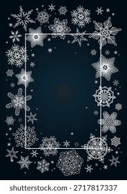 Copos de nieve, marco de nieve caída blanca con espacio de copia, borde, fondo. Dibujo de líneas. Ilustración vectorial dibujada a mano. Estacional, diseño de invierno, telón de fondo azul, Anuncio. Diferentes Formas, cristales de hielo