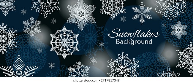 Snowflakes, white falling snow frame with copy space, border, background. Line drawing. Hand drawn vector illustration. Seasonal, winter design, blue backdrop, banner. Different shapes, ice crystals