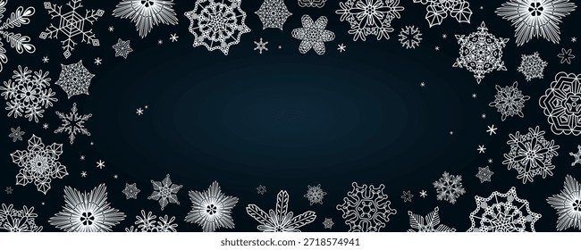 Snowflakes, white falling snow frame with copy space, border, background. Line drawing. Hand drawn vector illustration. Seasonal, winter design, blue backdrop, banner. Different shapes, ice crystals