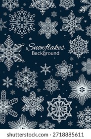 Snowflakes, white falling snow frame with copy space, border, background. Line drawing. Hand drawn vector illustration. Seasonal, winter design, blue backdrop, banner. Different shapes, ice crystals
