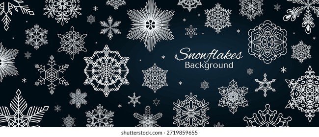 Snowflakes, white falling snow frame with copy space, border, background. Line drawing. Hand drawn vector illustration. Seasonal, winter design, blue backdrop, banner. Different shapes, ice crystals