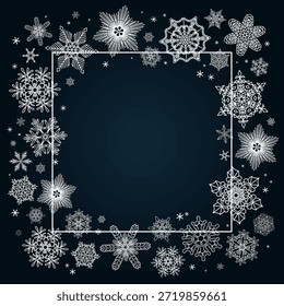 Copos de nieve, marco de nieve caída blanca con espacio de copia, borde, fondo. Dibujo de líneas. Ilustración vectorial dibujada a mano. Estacional, diseño de invierno, telón de fondo azul, Anuncio. Diferentes Formas, cristales de hielo