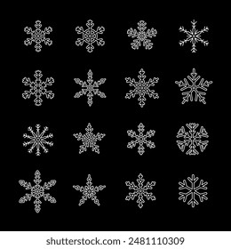 Snowflakes, white line icons. Different patterns and shapes of snowflakes. Ideal for winter and holiday themes. Symbols on black background. Editable stroke.