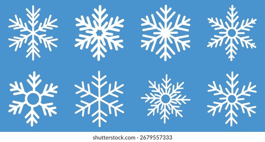 Copos de nieve Copos de nieve blancos sobre un fondo azul. Iconos de nieve. Conjunto de iconos vectoriales de copos de nieve. Ilustración vectorial Elementos geométricos aislados Vector de Navidad. Símbolo de nieve o copo de nieve. Nieve. Copos de nieve.
