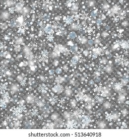 Snowflakes white seamless background. Geometric snow natural flakes shapes elements. Greetings snow banner winter holiday. Vector snow illustration EPS10