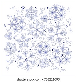 Snowflakes winter background. Blue doodle hand drawn elements set on white background. Christmas and New Year holiday design for greeting card, web page background, banner, print. Vector illustration.
