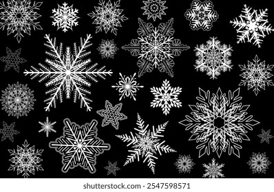 Schneeflocken auf Winterhintergrund, weiße Schneeflocken einzeln auf Schwarz, Weihnachtsschnee, Vektormuster.
