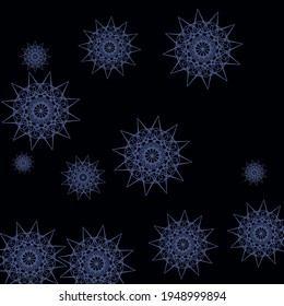 Snowflakes Winter Black Cold Stars Illustration. ChaoticColorful New Year Sharp Mystery Wallpaper. Mystery Dark Print Christmas Indigo Sky Background. Mandala Folk Gothic Blue Winter Pattern.