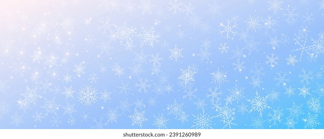 Schneeflocken Winter Weihnachten, Vektorhintergrund. Blau-weißer Frosthimmel. Gradient-Kaltblasen-Landschaft