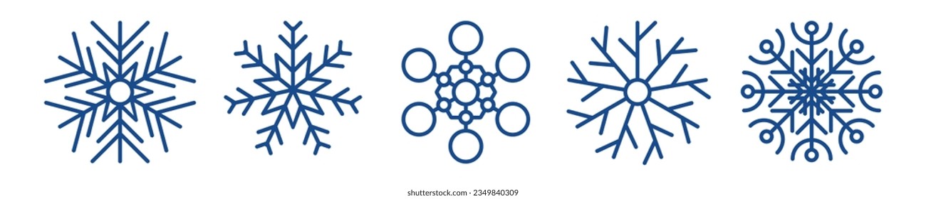 Snowflakes winter collection. Set of five blue snowflakes in line style on white background. Christmas and New Year decoration elements. Vector illustration