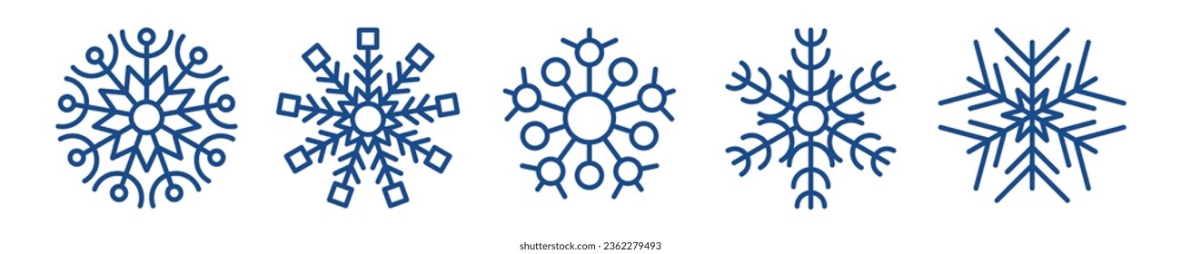 Snowflakes winter collection. Set of five blue snowflakes in line style on white background. Christmas and New Year decoration elements. Vector illustration